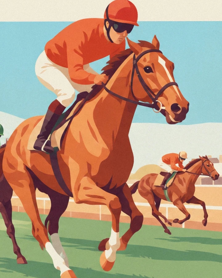 Il fantino in giubba arancione su un cavallo sauro, davanti a un altro cavaliere