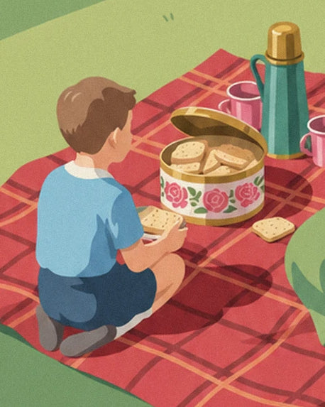 Un garçon en bleu près de la boîte à biscuits fleurie et du thermos vert