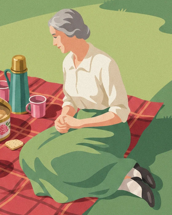 Une femme aux cheveux gris, en jupe verte et chemisier crème sur la couverture rouge