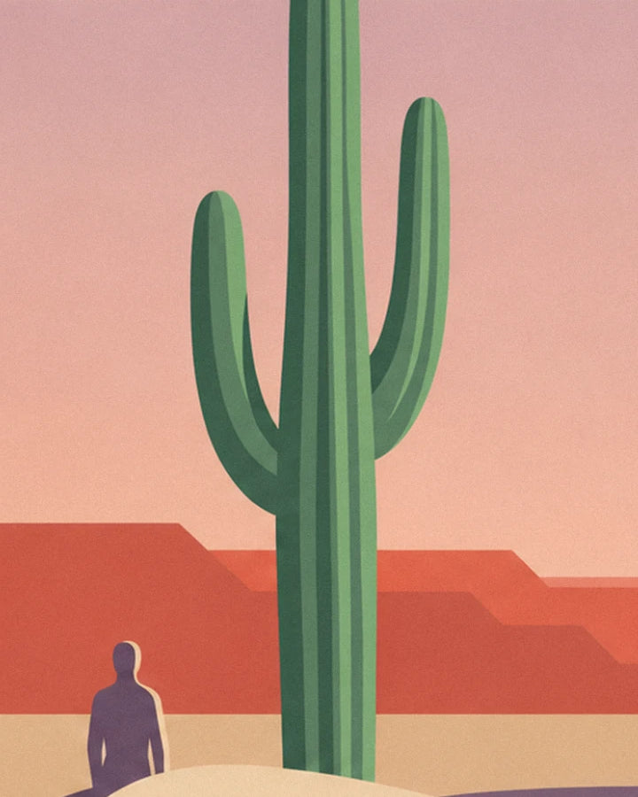 The tall green saguaro and the purple silhouette of a walker, in front of the red cliffs