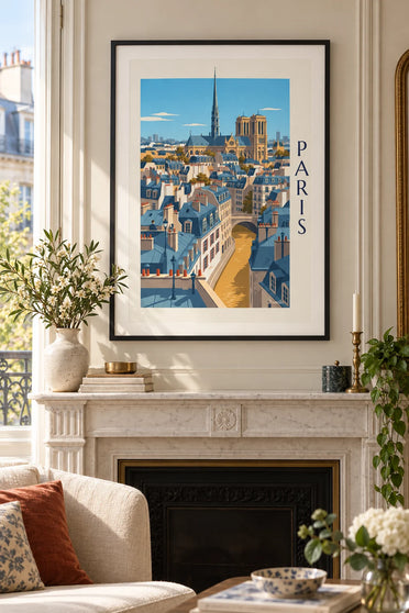 Poster tetti haussmanniani di Parigi e cattedrale di Notre-Dame: poster incorniciato al muro