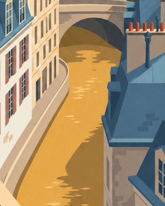 An ochre-coloured branch of the Seine beneath a stone arch, between quays and slate roofs