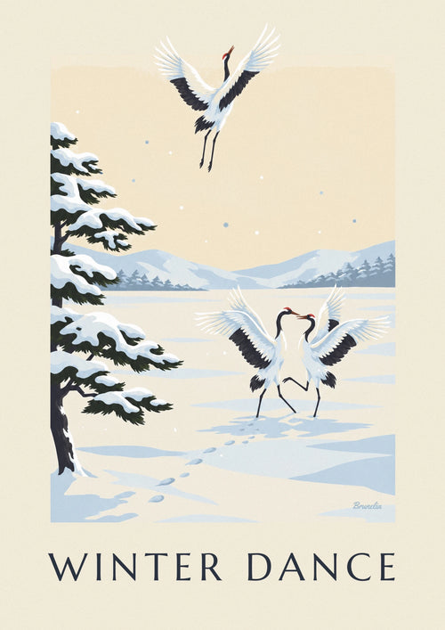 Poster gru giapponesi che danzano nella neve: il poster intero