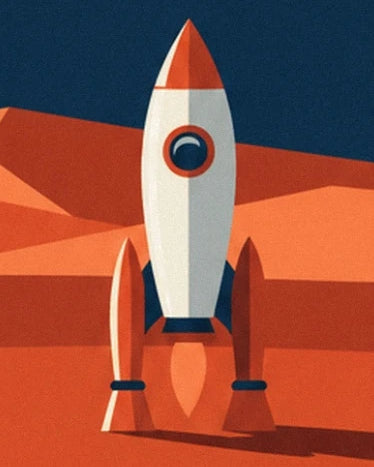 A white and red rocket with a blue porthole, standing on the Martian ground