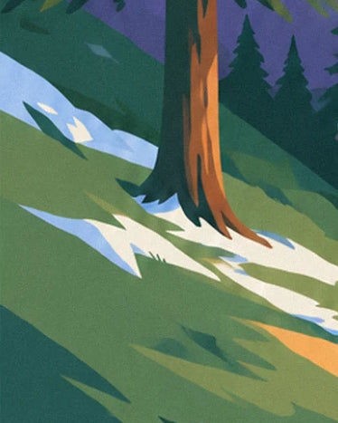 The orange trunk of a fir on the green grassy slope, with patches of blue-tinted snow