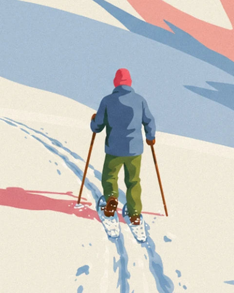 L'escursionista con un cappello di lana rosa e una giacca blu, visto di spalle con le ciaspole e 2 bastoncini