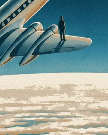 A dark figure standing on the silver wing of the aeroplane in the blue sky