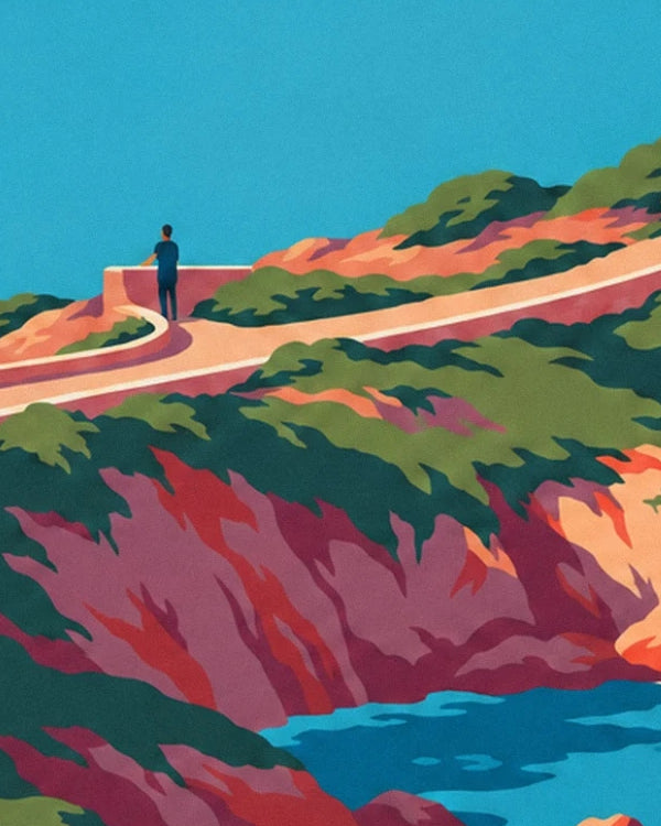 A figure by the roadside parapet, above pink cliffs covered in vegetation