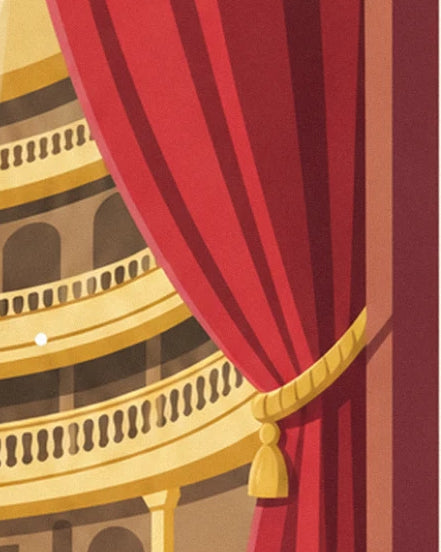 The red curtain held back by its golden tasseled cord, in front of the theatre's golden balconies