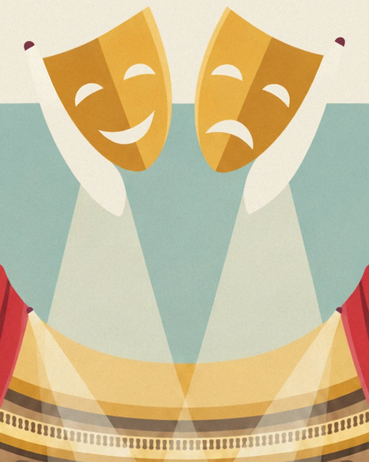 The 2 golden masks, one laughing and one crying, beneath the spotlight beams