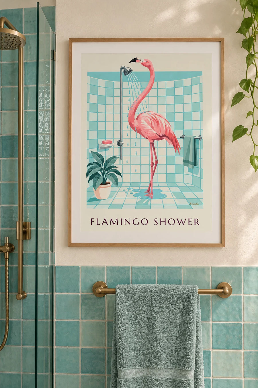 Poster fenicottero rosa sotto la doccia in un bagno: incorniciato alla parete