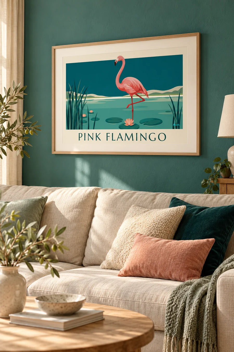 Poster fenicottero rosa su una zampa tra le ninfee: incorniciato alla parete