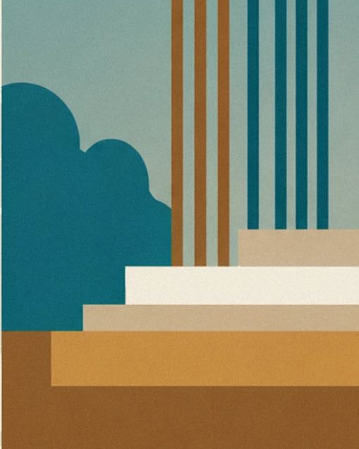 Les marches beige et ocre, un massif bleu canard et les fines colonnes rayées en fond