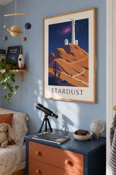 Spiral galaxy and nebula above an observatory poster: framed on the wall