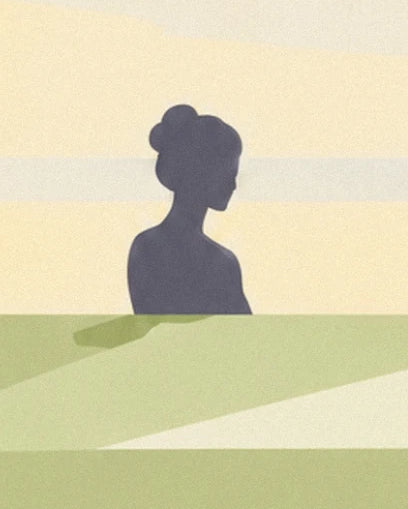 La silhouette sombre de profil, les cheveux en chignon, derrière le comptoir vert