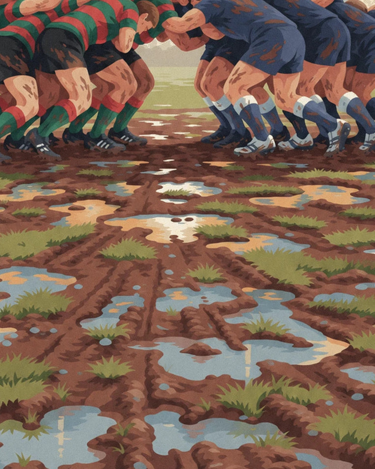 Muddy rugby scrum under a rainy sky poster: close-up detail