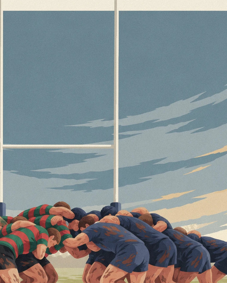 Muddy rugby scrum under a rainy sky poster: close-up detail