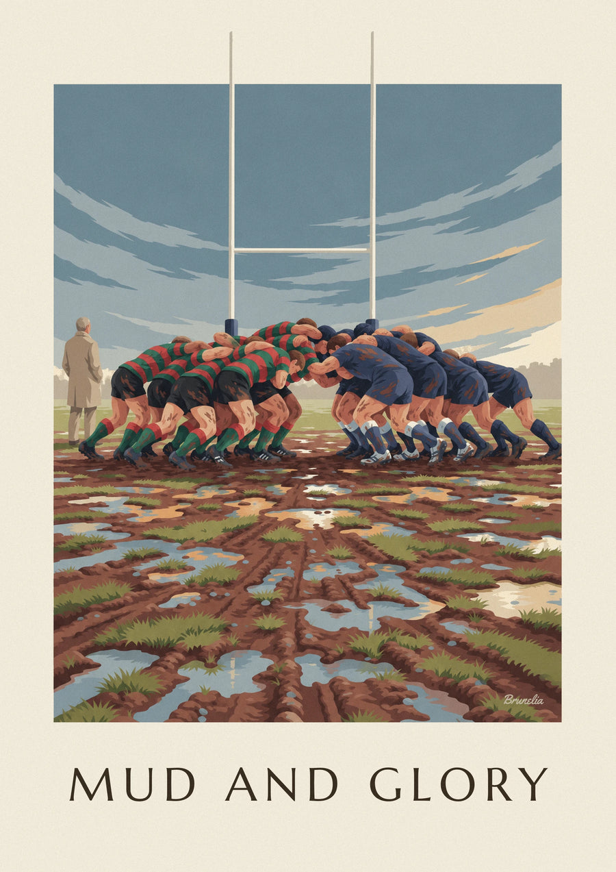 Muddy rugby scrum under a rainy sky poster