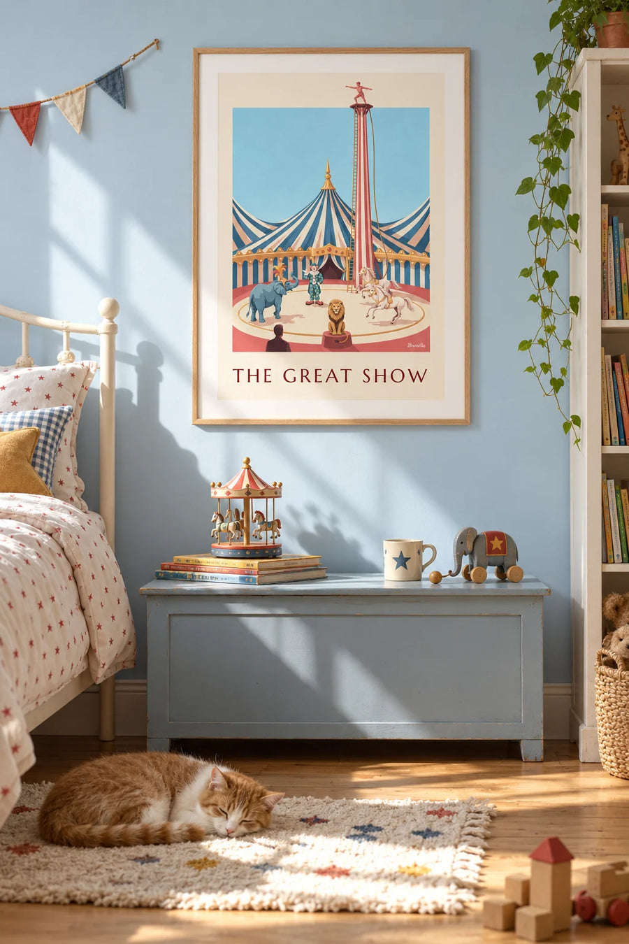 Grand circus show poster with a clown and animals: framed on the wall