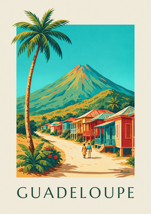 Creole houses and La Soufrière volcano in Guadeloupe poster