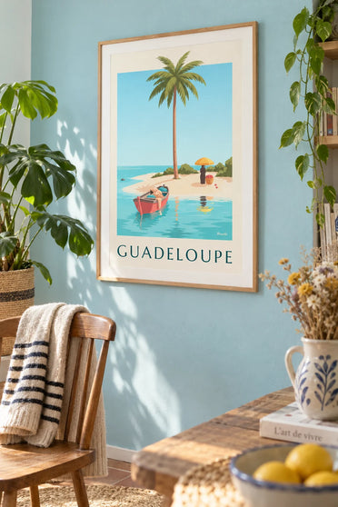 Poster con laguna di Bois Jolan e palma da cocco a Sainte-Anne in Guadalupa: incorniciato alla parete