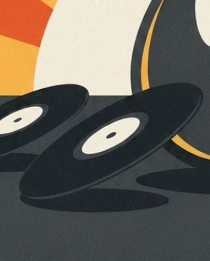 I dischi in vinile neri con etichette color crema ai piedi della chitarra