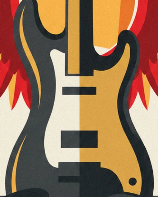 Il corpo della chitarra elettrica nero, crema e giallo incorniciato dalle ali rosse