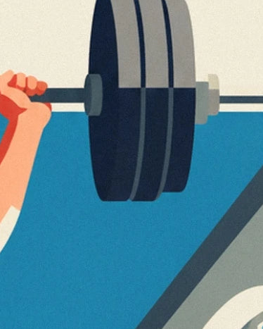 A hand gripping the bar loaded with dark weight plates against a blue background