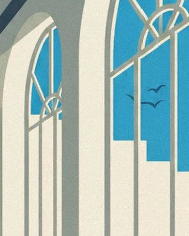 The gym’s tall arched windows and the birds in the blue sky