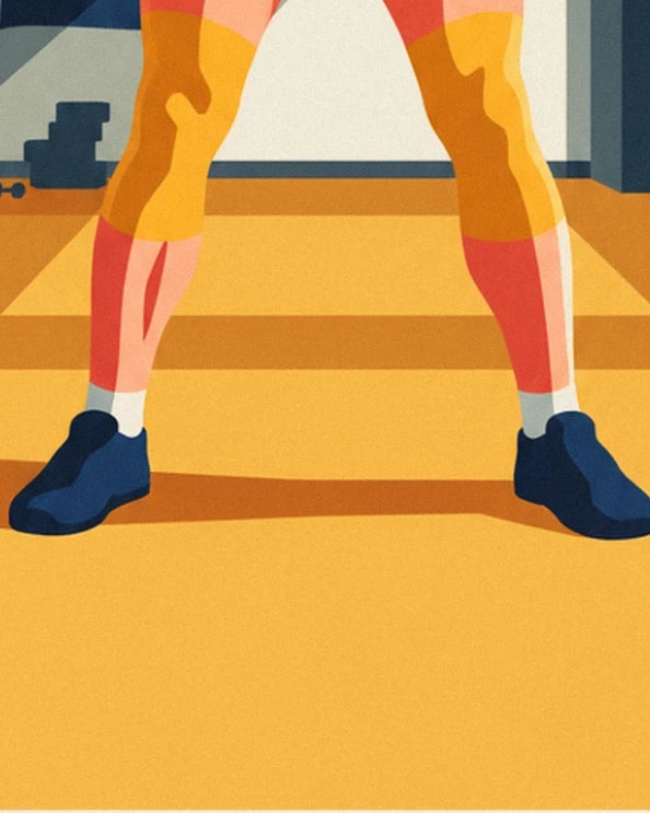 The weightlifter’s legs set wide apart and blue shoes on the golden floor
