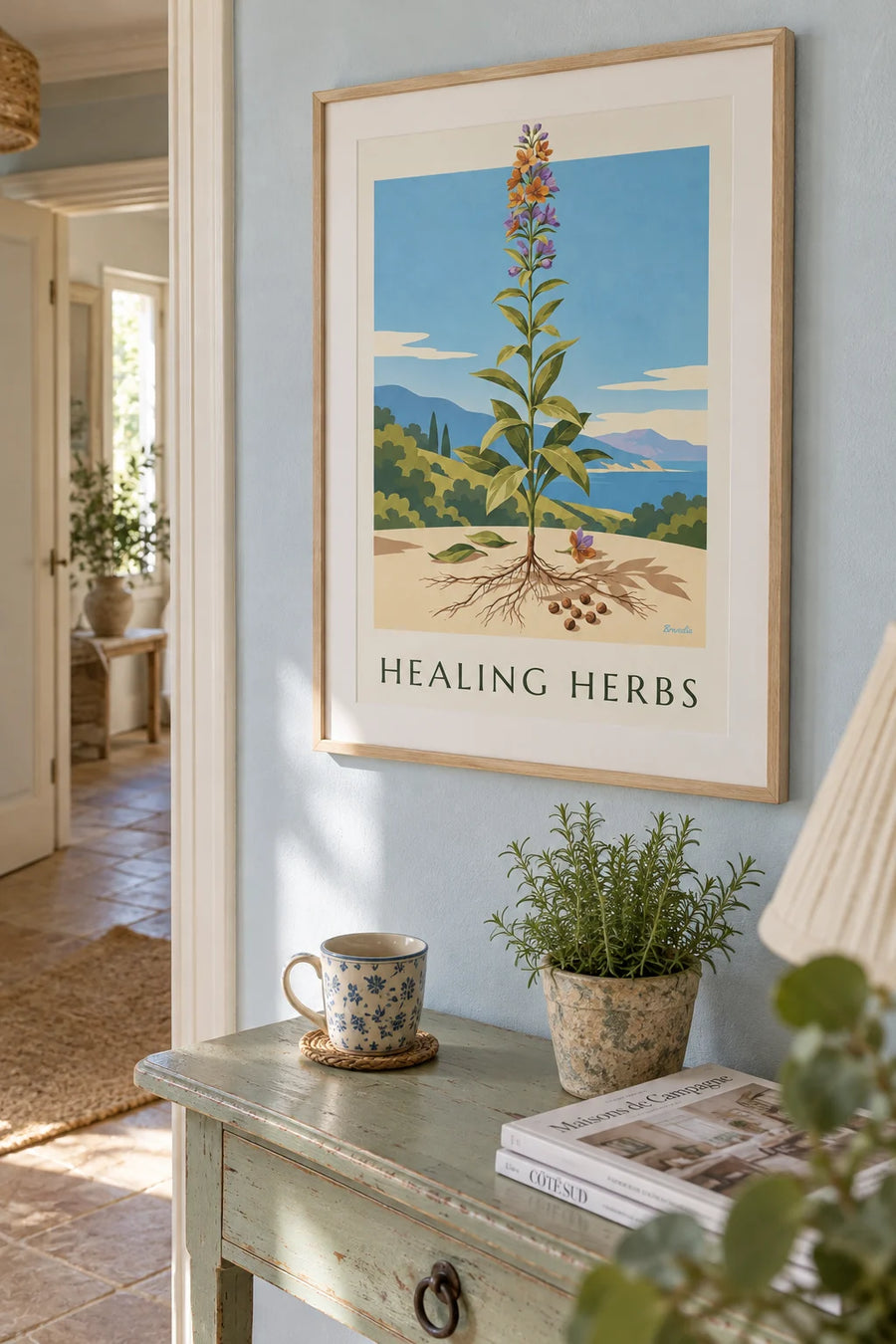Affiche herbarium, planche de plante médicinale : encadrée au mur