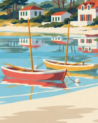 Les 2 barques rouge et jaune et les reflets des villas dans l’eau du lac