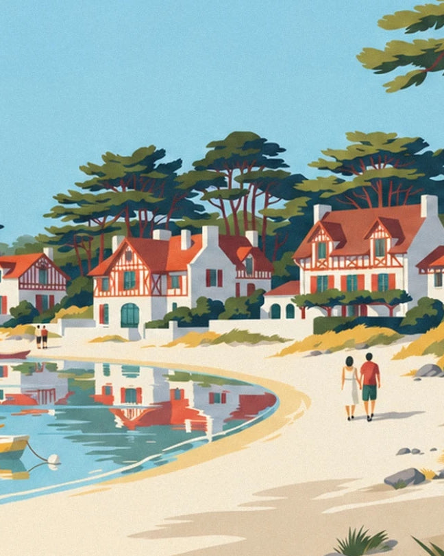 Les villas aux colombages rouges et un couple sur la plage du lac d’Hossegor