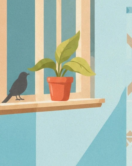 Un oiseau gris et une plante verte en pot orange sur le rebord de la fenêtre