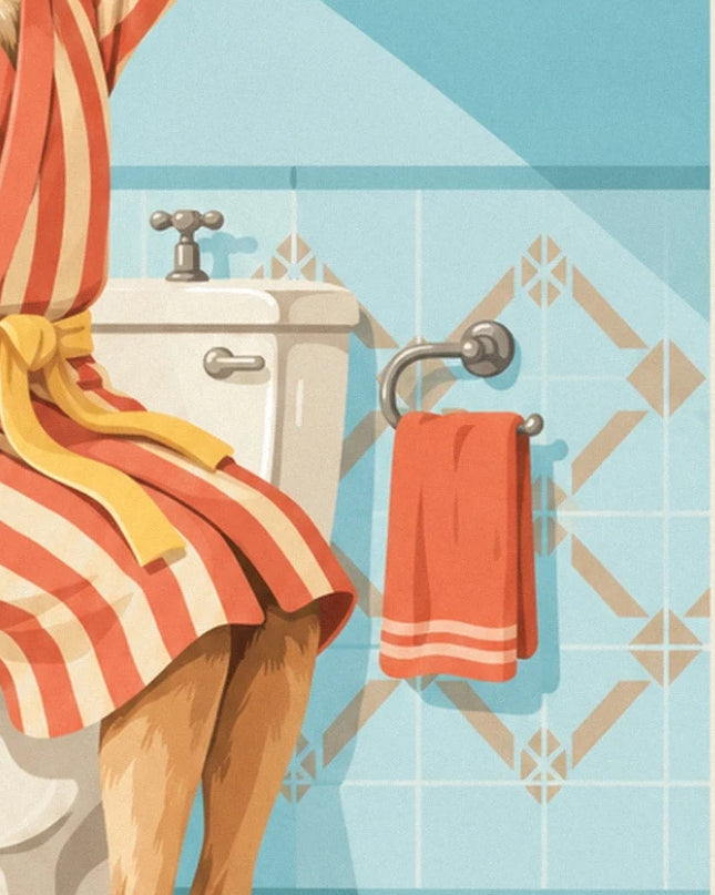 Le peignoir à ceinture jaune, la chasse d'eau et la serviette orange sur le carrelage bleu