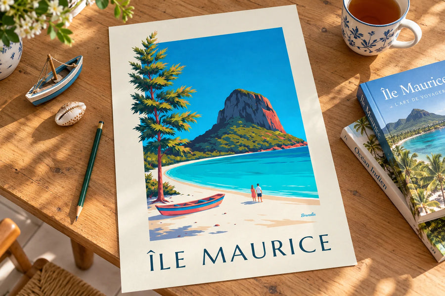 Poster Le Morne Brabant e laguna dell'isola di Mauritius: appoggiato su un tavolo