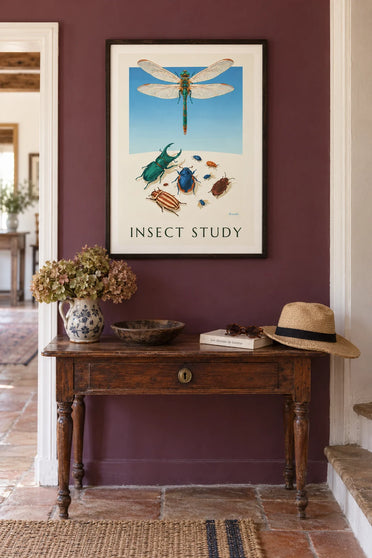 Poster tavola entomologica di scarabei e libellule: incorniciato a parete