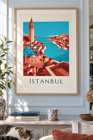Poster mappa geometrica della città di Istanbul e dei suoi monumenti: incorniciato alla parete