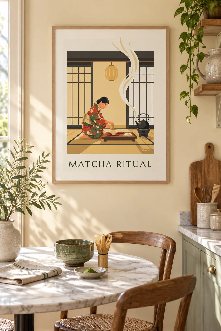 Poster con cerimonia del tè e ciotola di matcha in Giappone: incorniciato alla parete