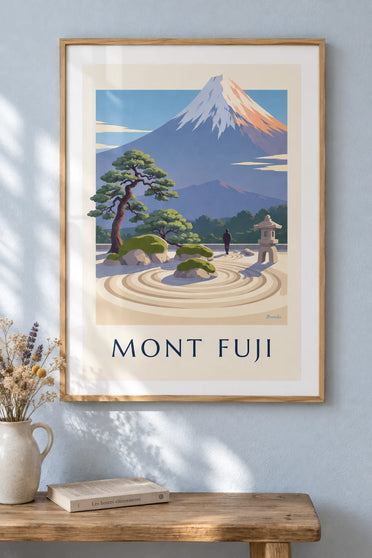Poster giardino zen giapponese di fronte al monte Fuji: incorniciato al muro