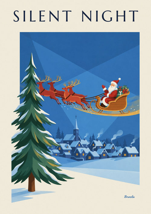 Poster Babbo Natale sulla sua slitta sopra un villaggio innevato: il poster intero