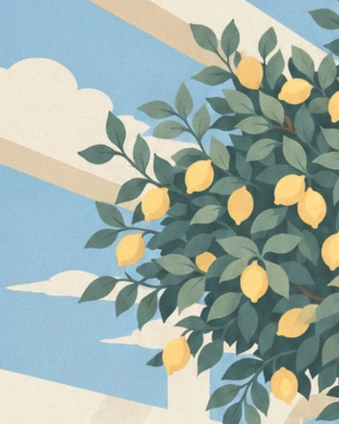 A lemon branch with yellow lemons and green leaves, against a blue sky and clouds