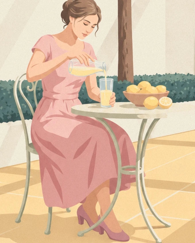 The woman in a pink dress pouring lemon juice into a glass at her garden table