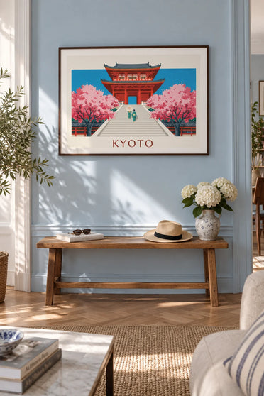 Poster porta vermiglia del Kiyomizu-dera e ciliegi a Kyoto: incorniciato alla parete
