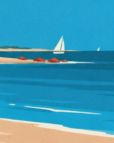 Un voilier blanc au large, entre les rochers rouges et la plage de sable blond