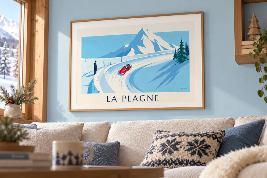 Poster della pista da bob olimpica di La Plagne: incorniciato alla parete