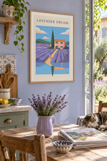 Poster casa rosa e campo di lavanda in Provenza: incorniciato alla parete