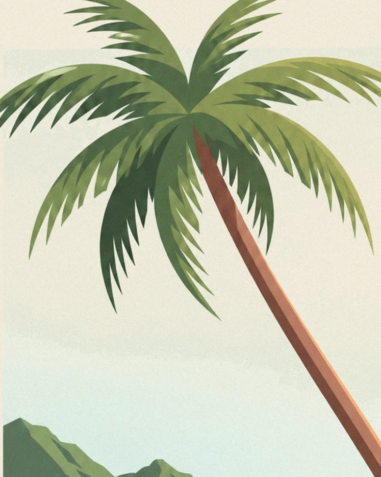 The leaning palm tree with green fronds, in front of the mountains and clear sky