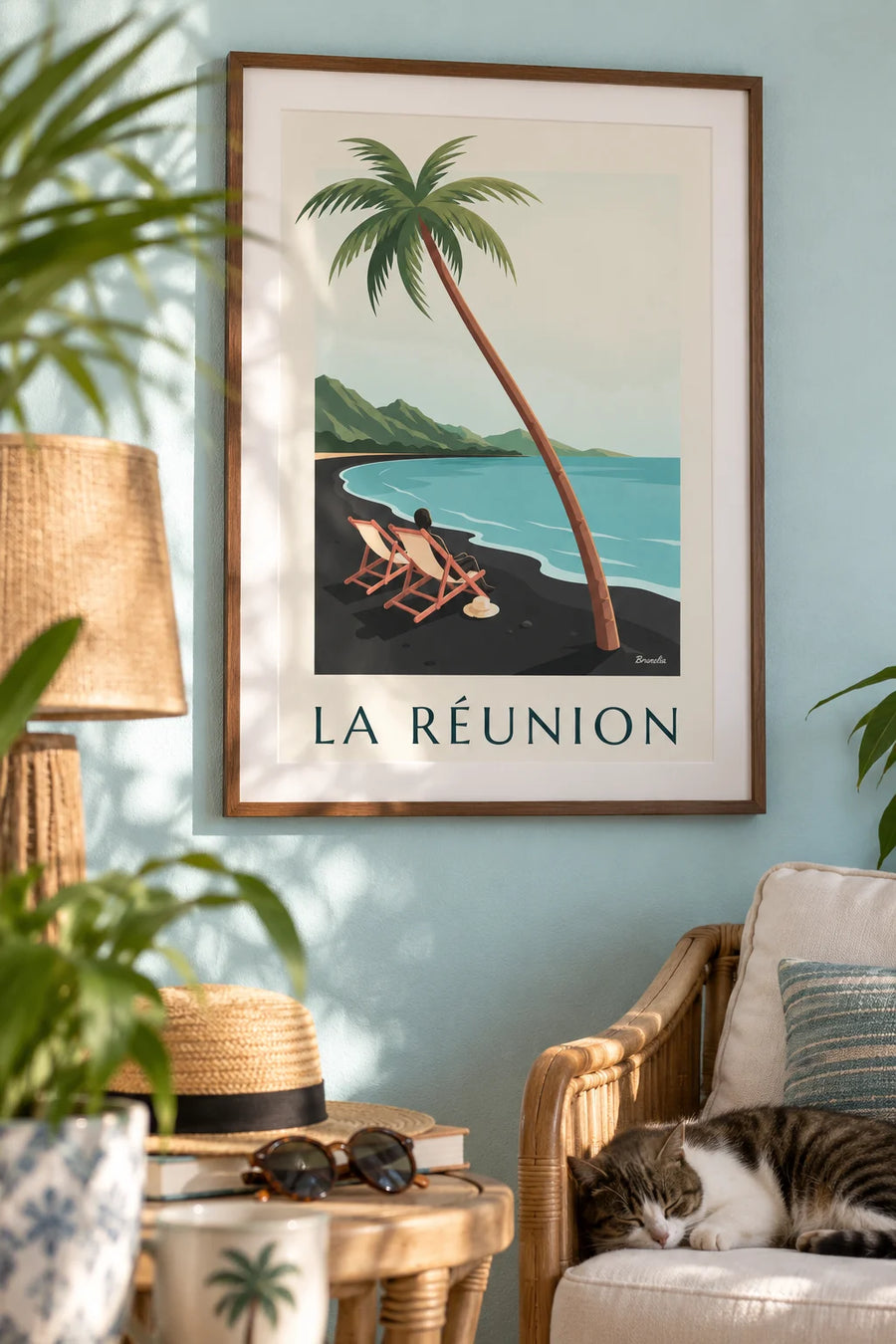 Poster of deck chairs facing the sea on Réunion Island: framed on the wall