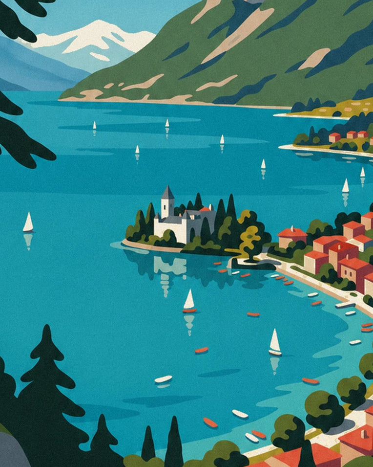 Poster lago di Annecy nelle Alpi, barche a vela e Tournette: dettaglio in primo piano